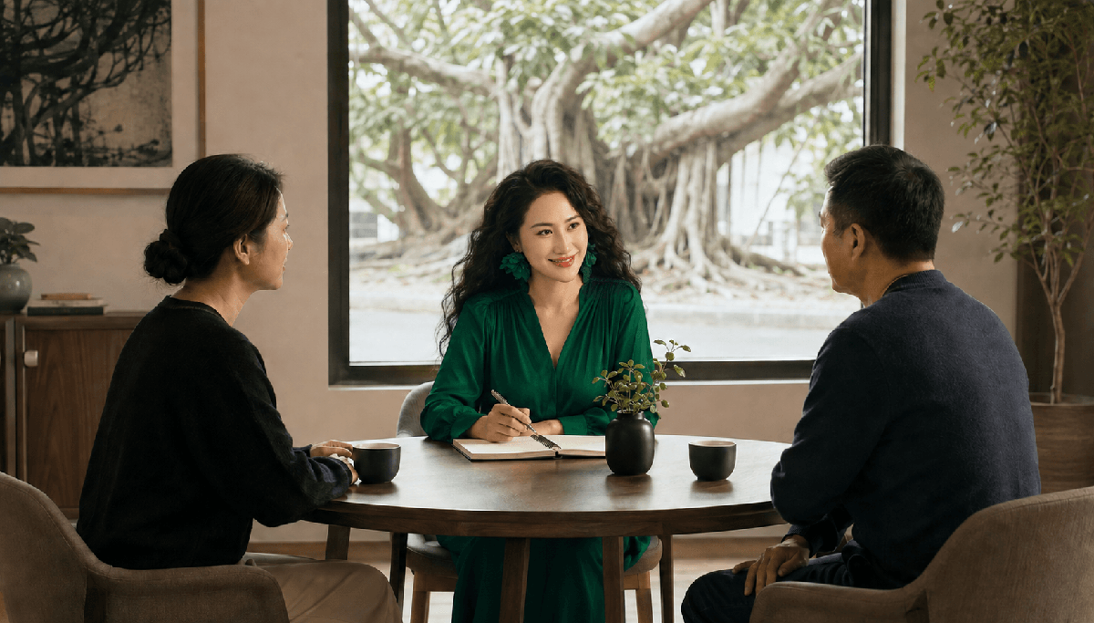 爱华老师与一对伴侣围桌沟通的AI场景化示意,三位人物完整位于画面中