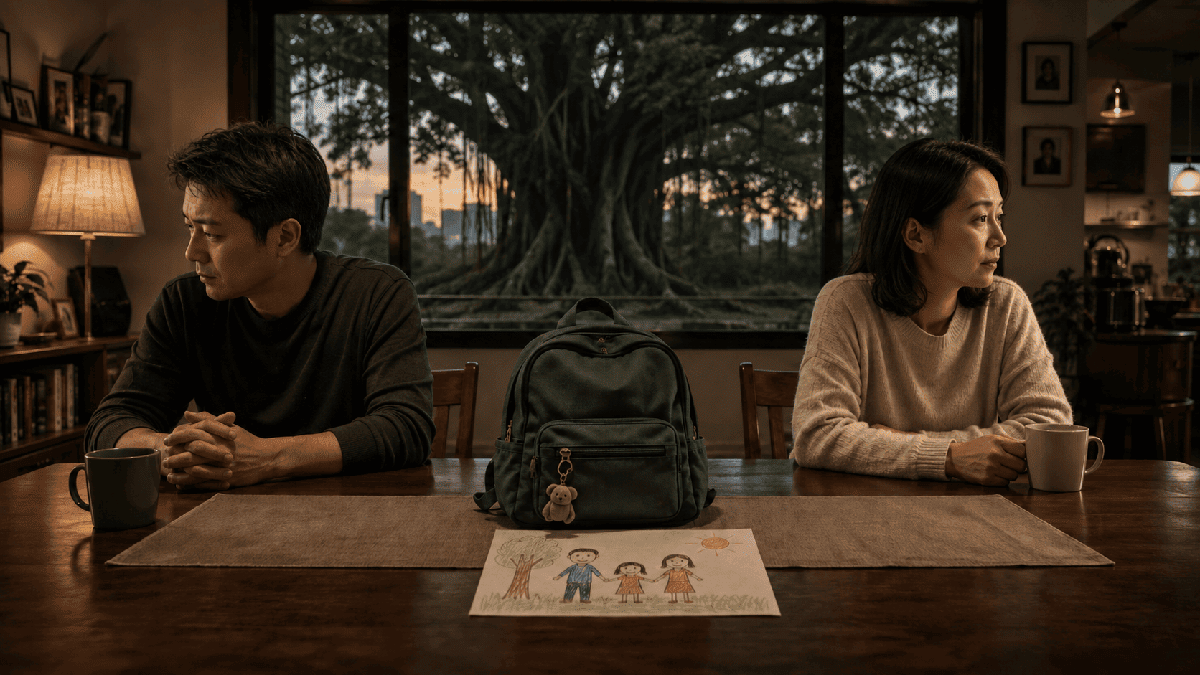 夫妻在餐桌两侧沉默而坐,孩子书包置于中间的AI场景化示意,人物完整呈现