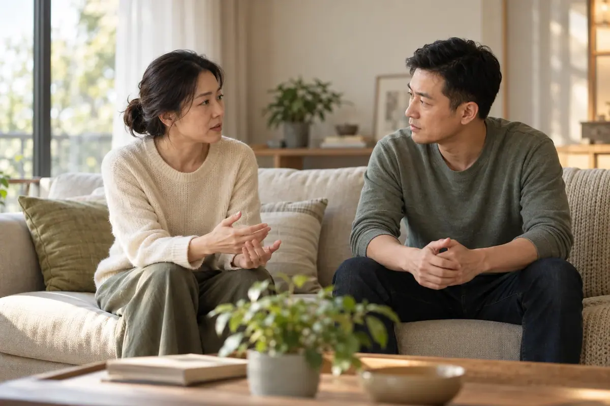 夫妻在客厅进行平静而真诚的对话